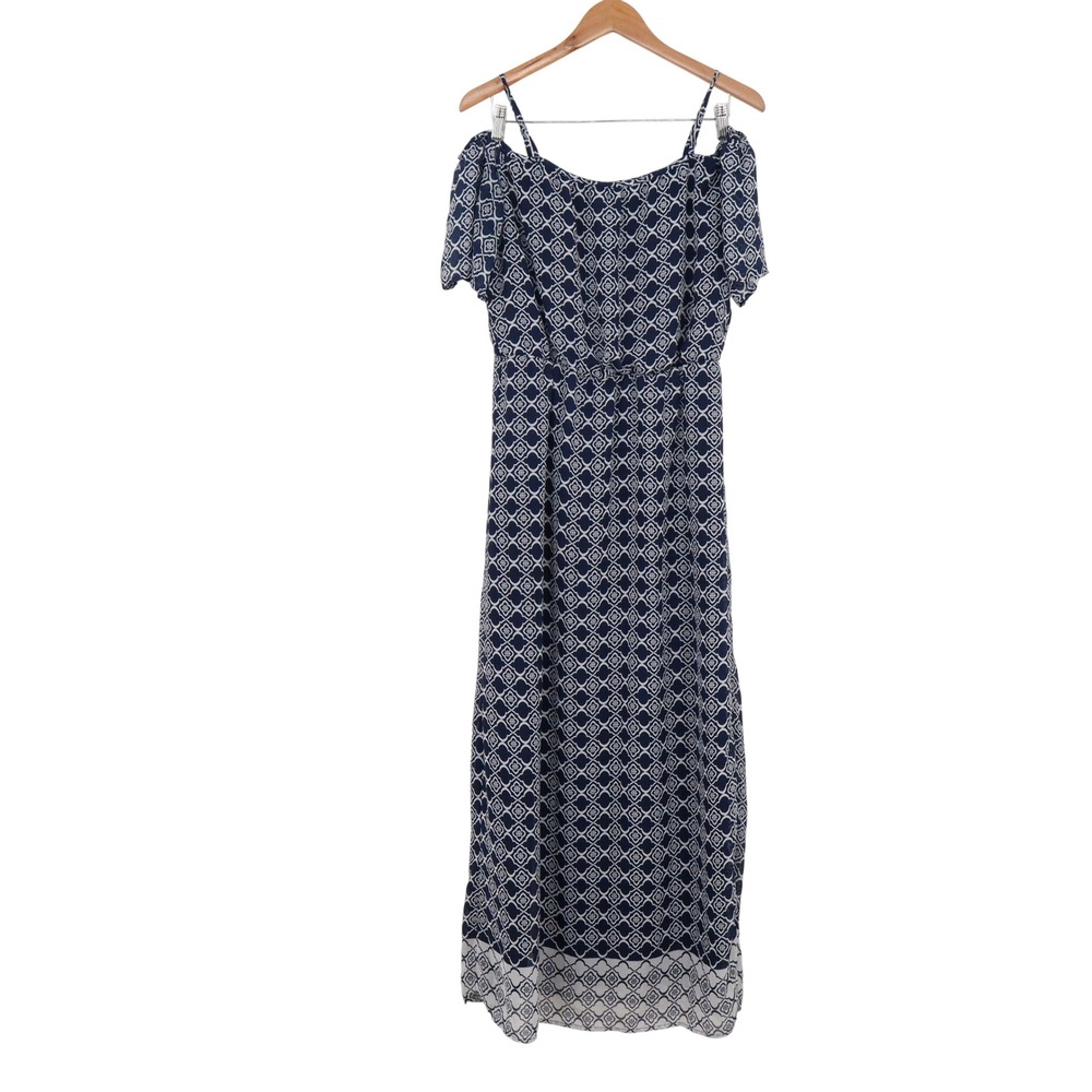 Tacera Maxi Dress Womens PL 8237P Navy Blue Geometric Cold Shoulder Excellent